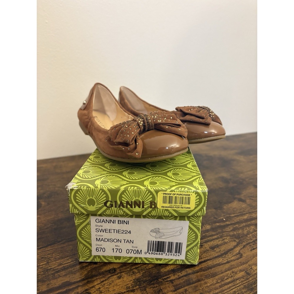 Gianni Bini Balletcore Madison Tan Patent Suede Bow Ballet Flats Brown 7 - Picture 2 of 8